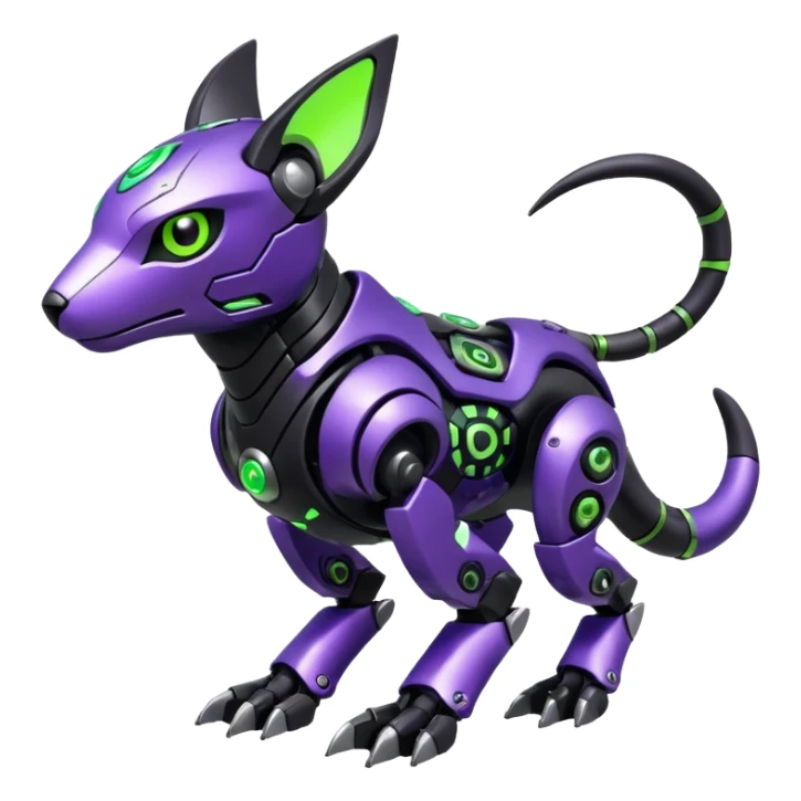 Futuristic mechanical cyborg modern badass cool shiny metallic alloy black-obsidian purple neon-green white lime animal hybrid Fakemon full body with intricate patterns sticker