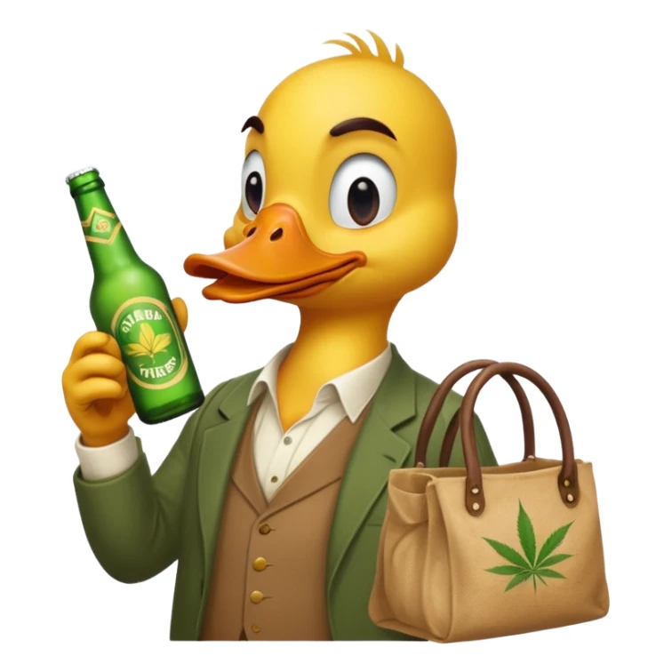 Drunk and high duck animal holding beed bottle and a bag of weed sticker