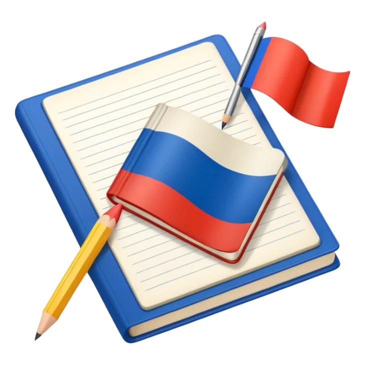 book with Russian flag colors, open notebook and pencil nearby sticker