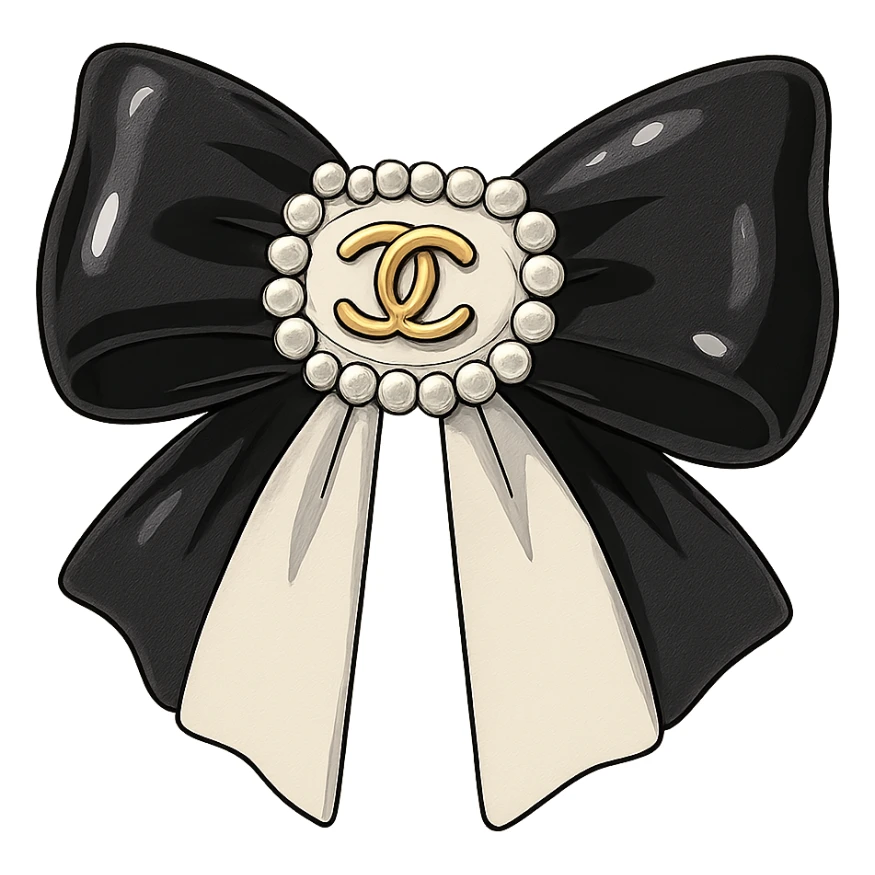 elegant bow with pearls and gold Chanel logo, glossy, black and white sticker