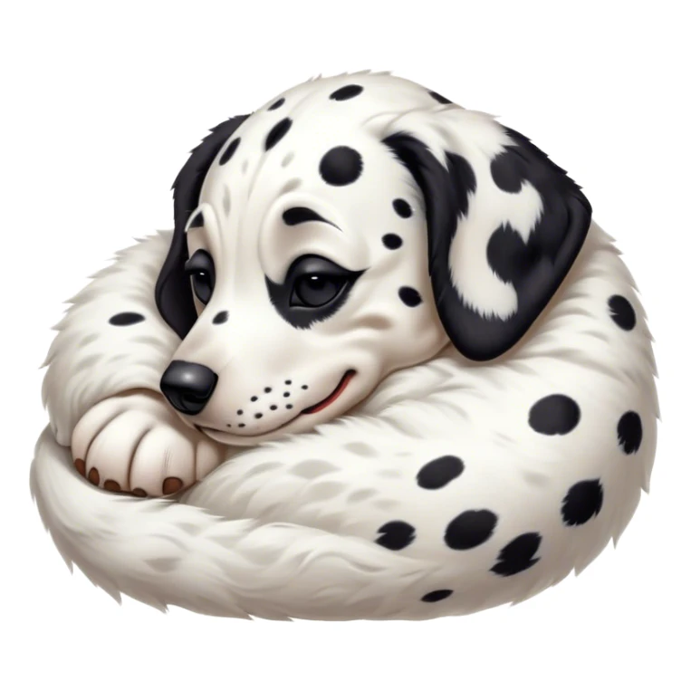 Meme-Worthy Cute Sleeping Spotted Dalmatian Portrait Emoji, Head resting peacefully with a contented smile, showcasing a delightfully majestic build and a luxuriously soft Fur of predominantly white with bold black patches, eyes shut in a serene nap, Simplified yet hilariously adorable features, highly detailed, glowing with a soft, drowsy light, high shine, relaxed and utterly lovable, stylized with an air of playful laziness, bright and heartwarming, soft glowing outline, capturing the essence of a comically sleepy guardian, so meme-worthy it feels like it could instantly become the next viral sensation of adorable slumber! sticker