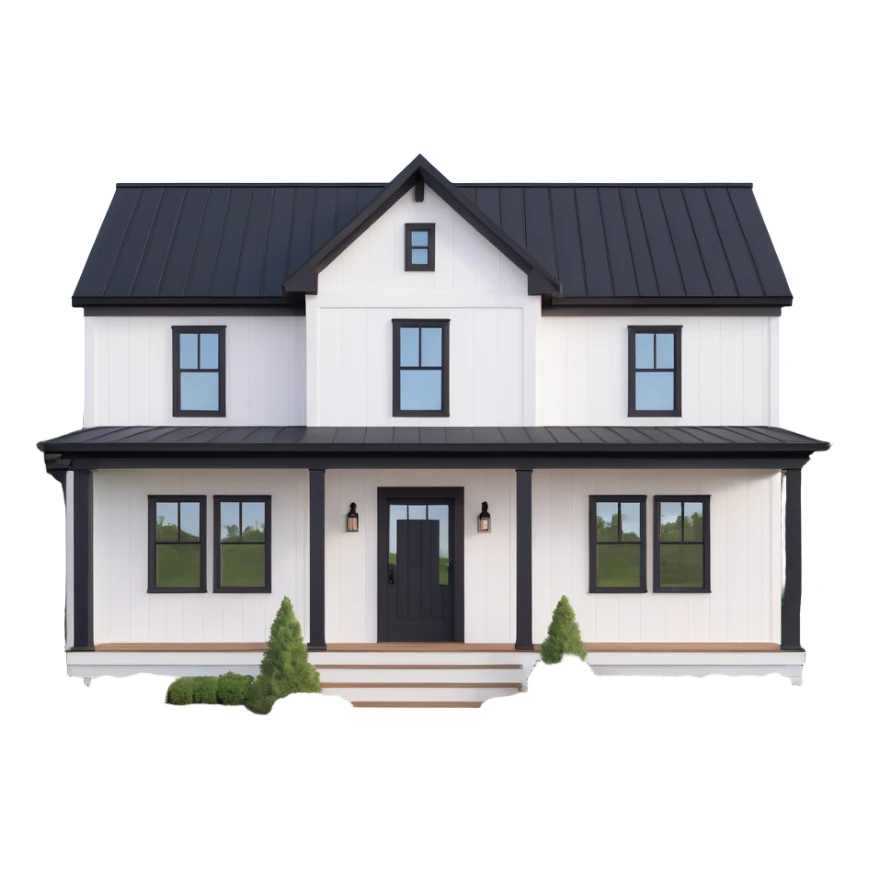 modern farmhouse with white siding and black trim sticker