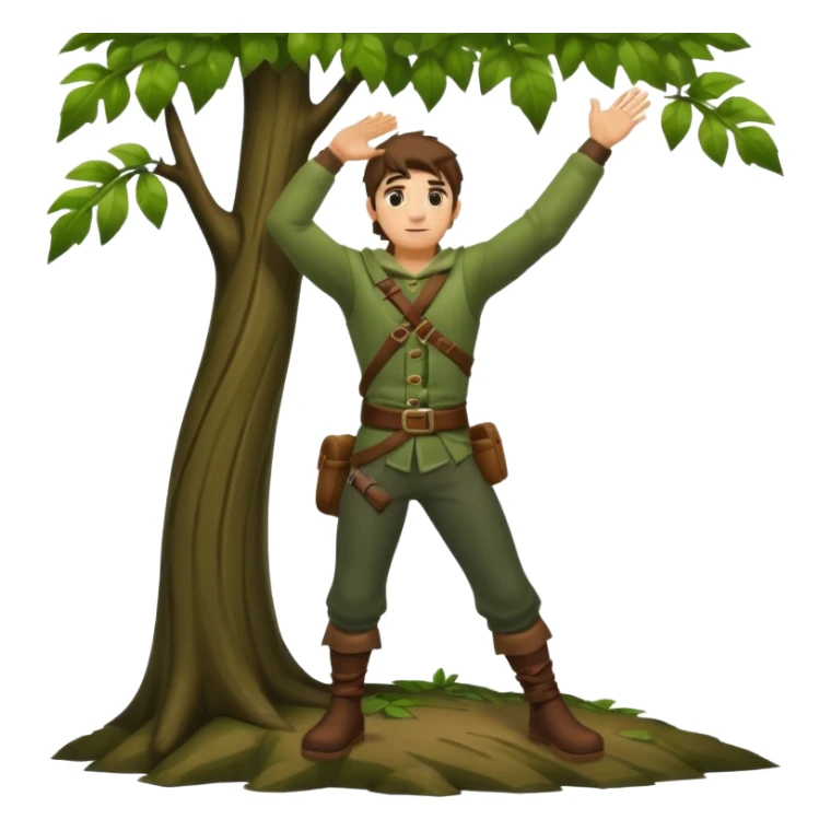 full body forest rogue man, from behind leaning against tree, one arm raised, leaf shadows on back sticker