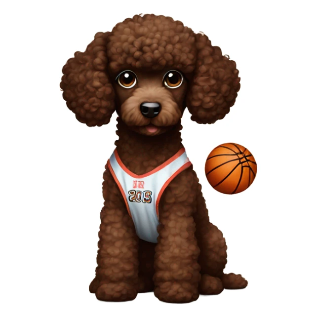 Chocolate brown poodle puppy wearing a basketball jersey sticker