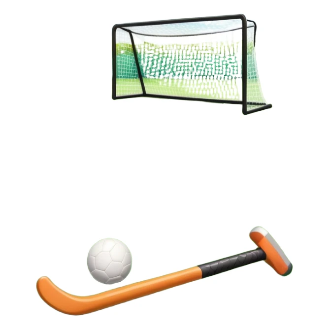 A field hockey stick and ball resting on a well-maintained grass field, with the goalposts and markings visible in the background. The scene highlights the precision and focus of the sport, with the vibrant green pitch creating a dynamic atmosphere. sticker