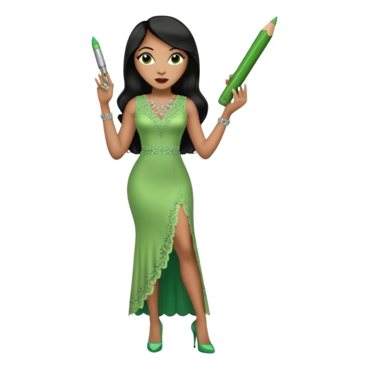 A plus-size light-skinned Black woman is wearing makeup. She has long, straight, waist-length black hair and is wearing a green sleeveless dress with rhinestones and lace and a low neckline. She is standing in green high heels and is holding a crayon in one hand, with the other hand raised. sticker