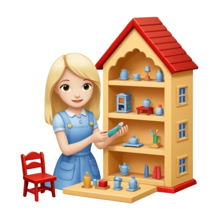 smiling girl arranging furniture in doll house sticker