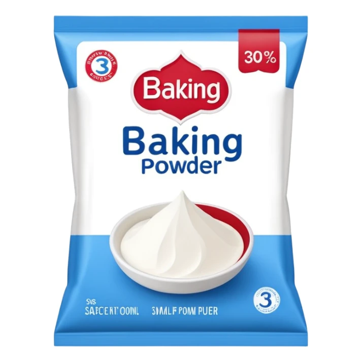small sachet of baking powder, unbranded, clean label, red white or blue tones, simple shape, 3D clean style, no faces or extra elements, transparent background sticker