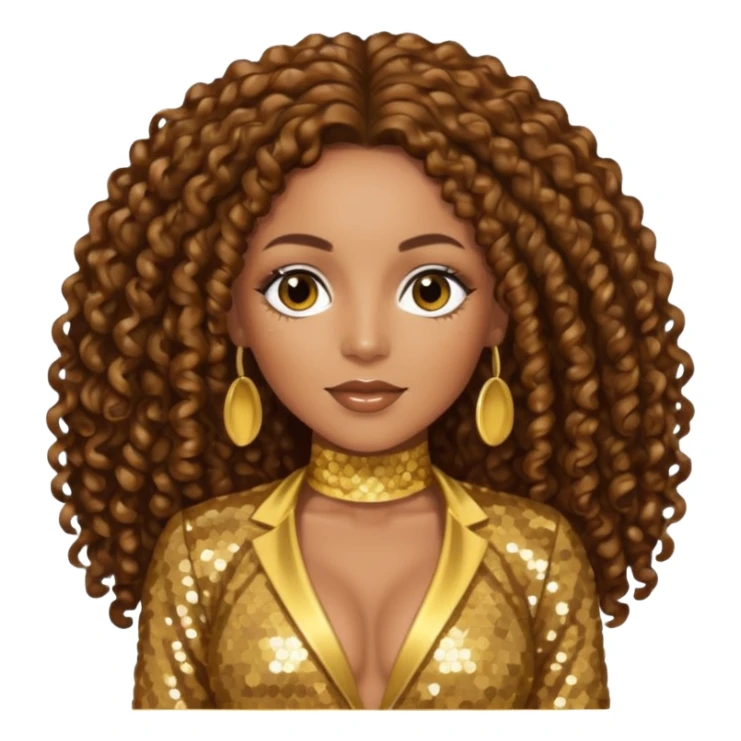 Melanie Brown with brown long curly hair, gold outfit sticker