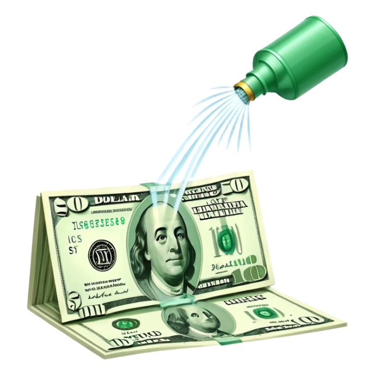 Sprinkler system shooting out streams of dollar bills, instead of water, clearly showing financial benefit sticker