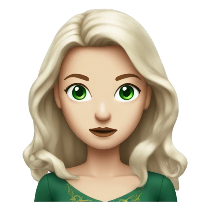 Rich woman, red long hair,  pale-skin, emerald green-eyes, angry sticker