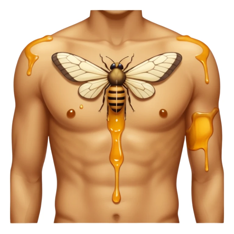 close up male torso with honey gloss drip nd moths nearby sticker