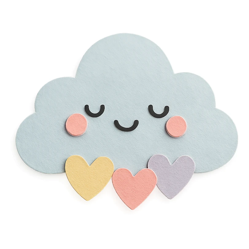 cute puffy cloud holding tiny pastel hearts, soft pastel palette, no arms or legs, full body, paper craft style sticker