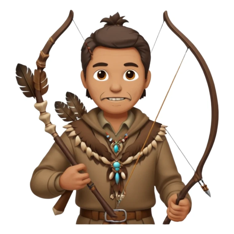 The classic image of a middle-aged uncle hunter carrying a bow, dressed in brown clothes, with some ornaments made of feathers, bones or teeth on his body. sticker