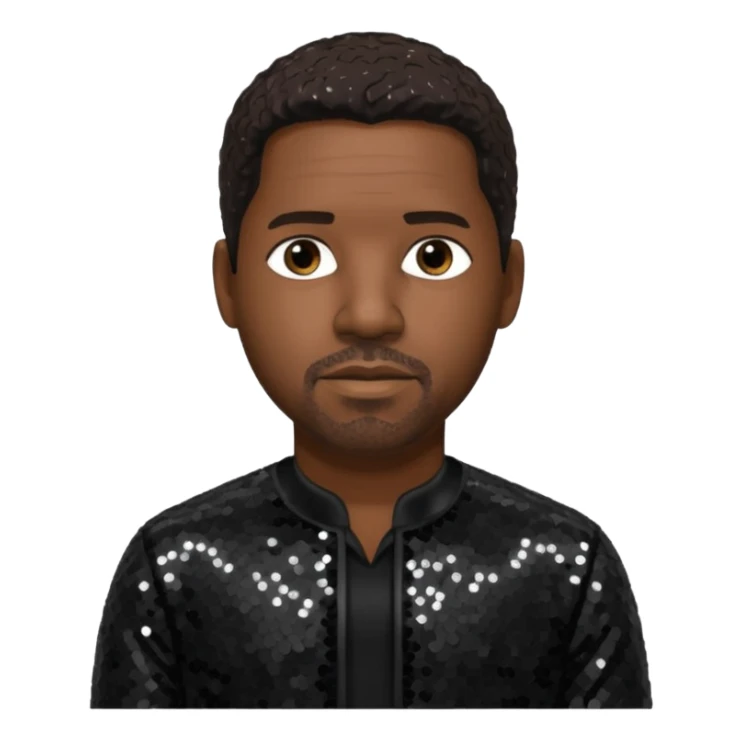 Denzel Washington with dark brown hair, black sequin outfit sticker
