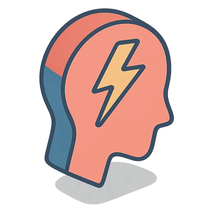silhouette of a head with a lightning bolt passing through the temple area symbolizing headache, clear shadows and highlights, 2D isometric style sticker