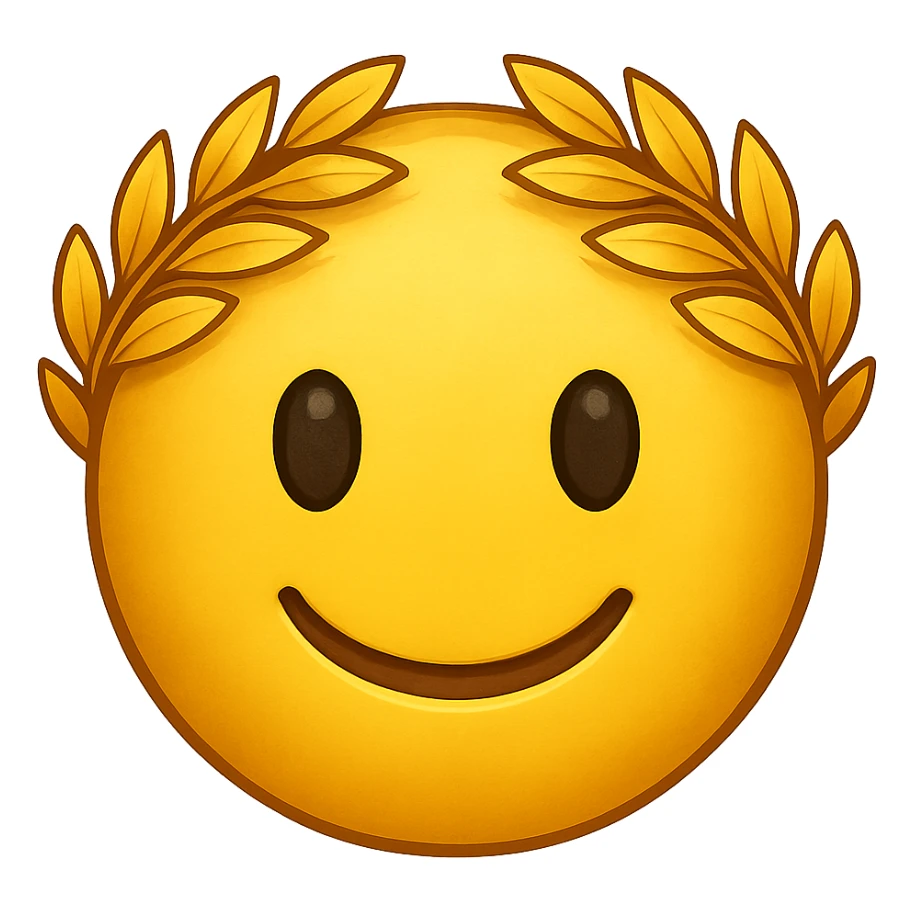 yellow face with golden laurel crown, digital illustration, emoji style sticker