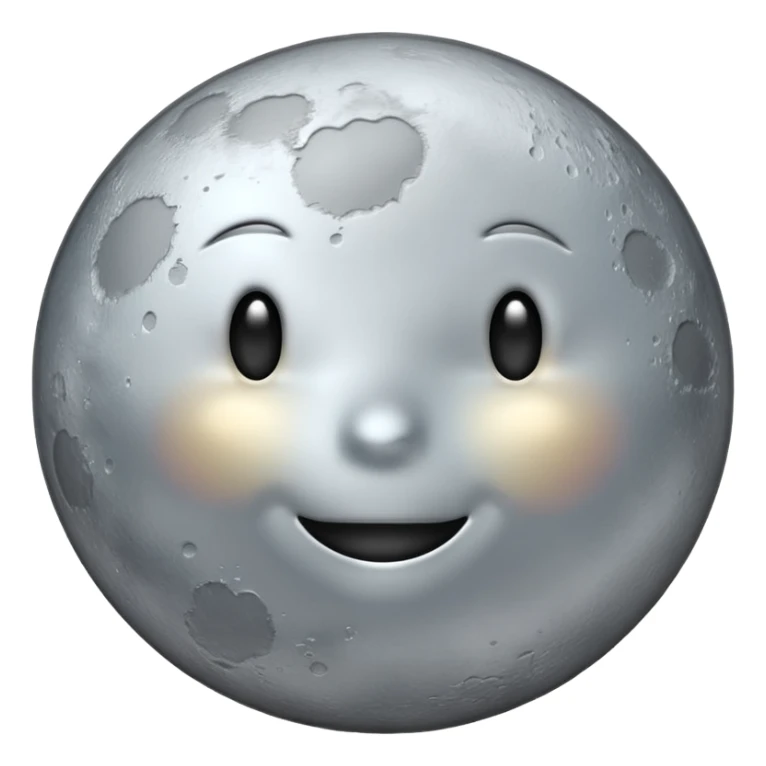 Polished silver moon emoji, chrome metallic texture, iOS emoji style, soft glow, smooth reflections, minimalistic design sticker