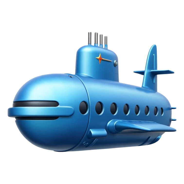 A sleek blue military-style submarine with fins and sonar dish.















 sticker