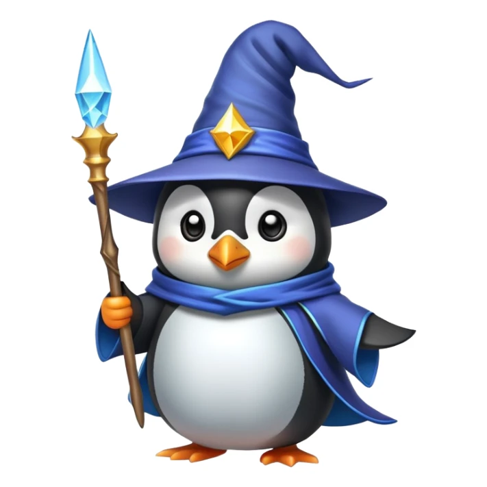 A cute penguin dressed as a wizard with a pointy hat and holding a magic wand sticker