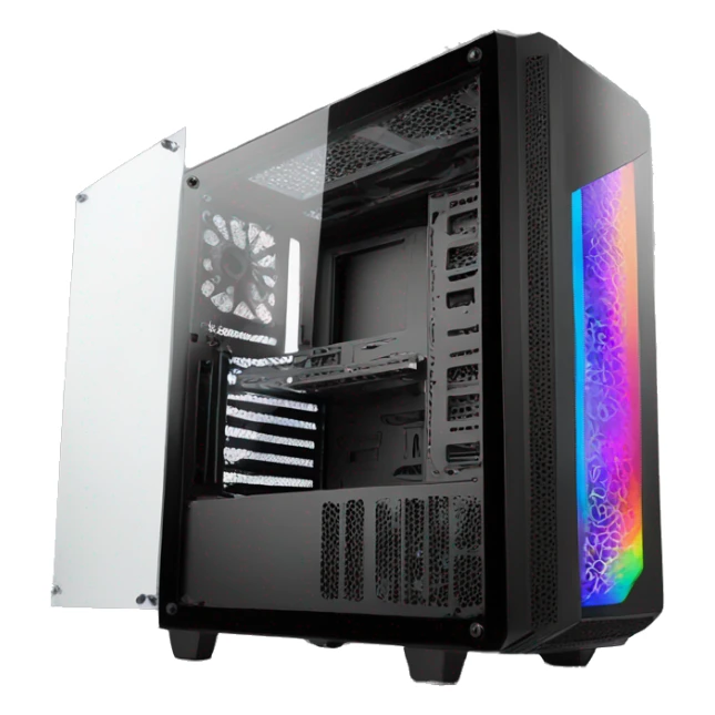 Black gaming PC RGB mid-tower case with glass side panel sticker