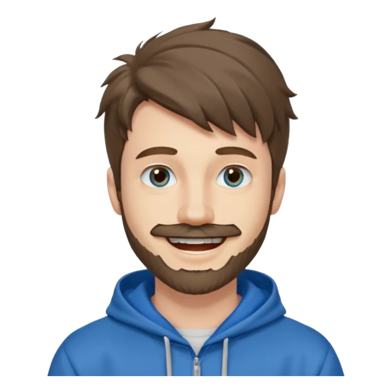 25 year old man, short scruffy beard and thin moustache, brown puffy mullet, blue eyes, big smile, white teeth, big lips, pronounced jaw, hair longer in back, sticking up on top, thin face, grey hooded sweatshirt, pale skin, big smile, blue eyes sticker