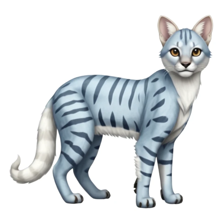 Albino white pastel Realistic patterned marked edgy bluish greyish blackish whitish silvery Shiny Colorful Dusky Dark Glossy Genet-Caracal-Lion-Bobcat-fusion-animal-hybrid-creature, full body, tufted ears, long thin tufted tail sticker