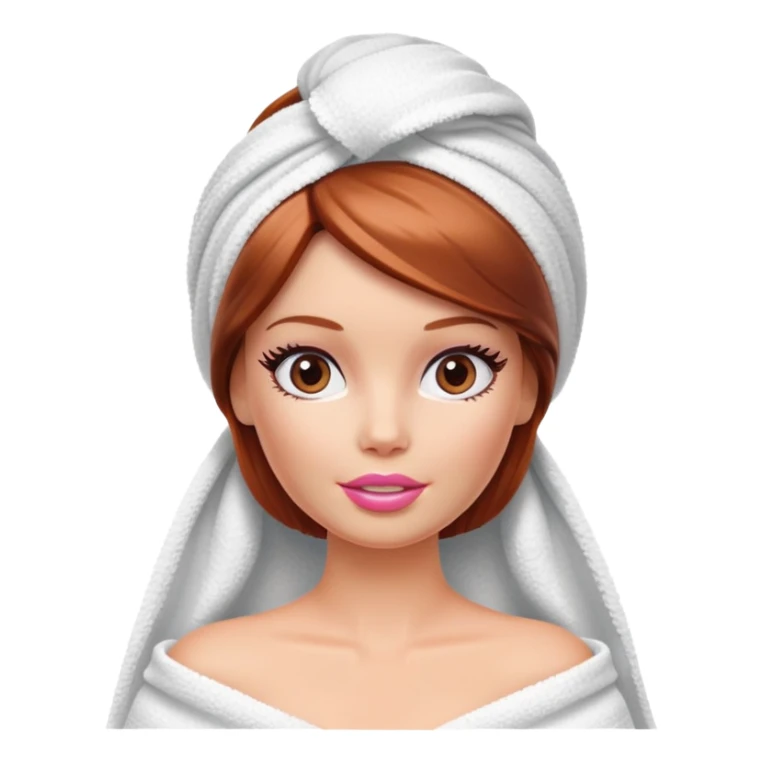 A Barbie face with shoulder-length reddish brown hair, makeup with cream on her face and a towel on her head sticker