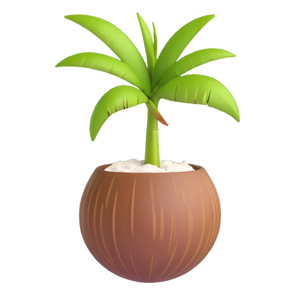 3D emoji style coconut with a small palm sprout growing from the top, simple and expressive sticker