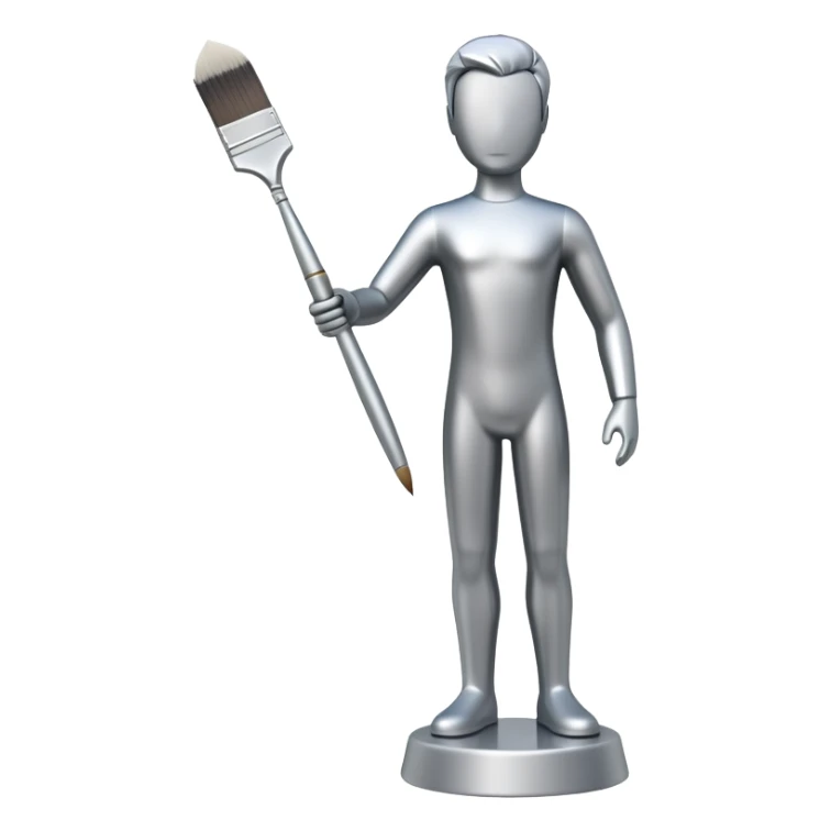 A paintbrush that transforms into a human metal silver silhouette sculpture, symbol of artistic identity, with a polished silver metallic finish sticker