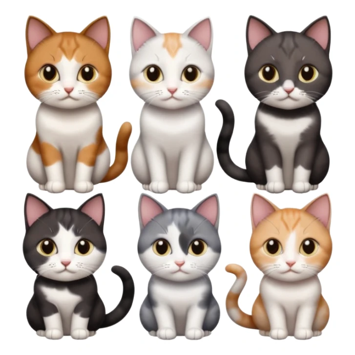 5 different coloured short haired cats including; a dark brown and white cat, and a dark grey and white, and a calico sticker