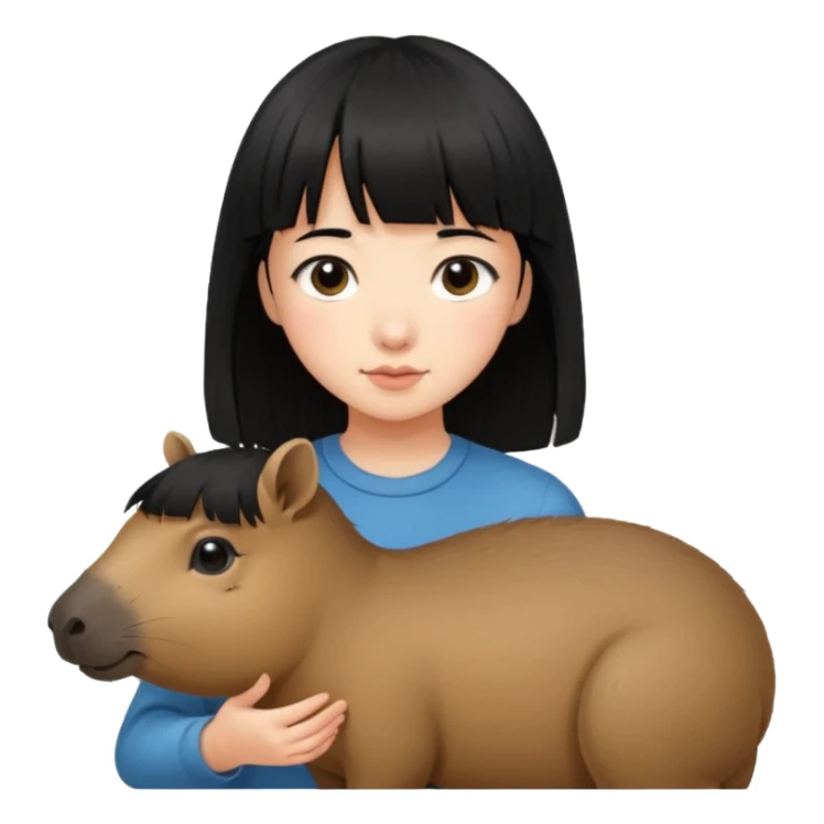 Girl with black hair and bangs, petting capybara sticker