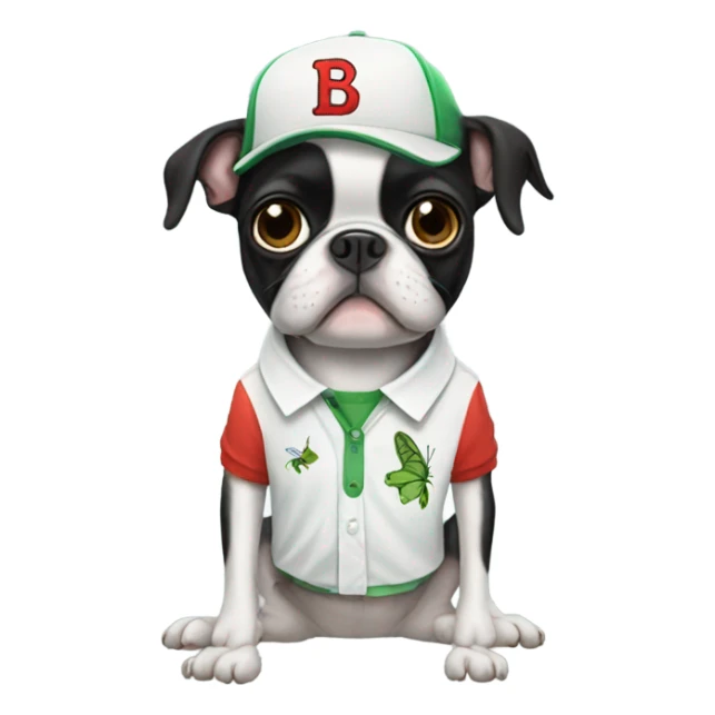 Boston terrier with a shirt that has a cricket on it sticker