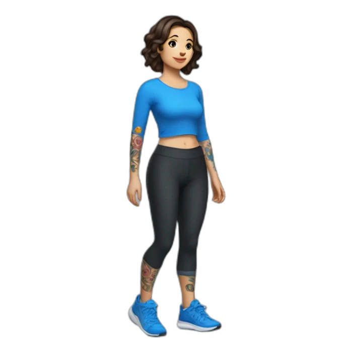Short brunette, leggings, blue walking shoes, half tattoo sleeve sticker
