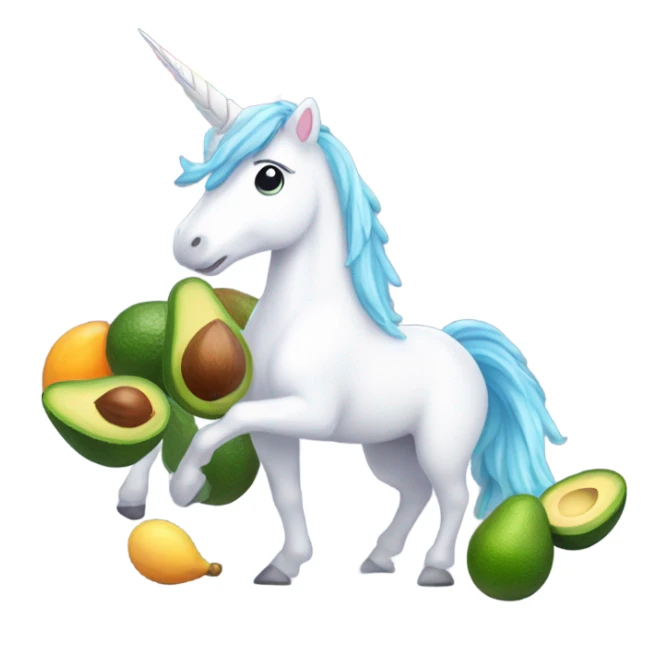 Unicorn standing under a rainbow, which is raining avocados sticker