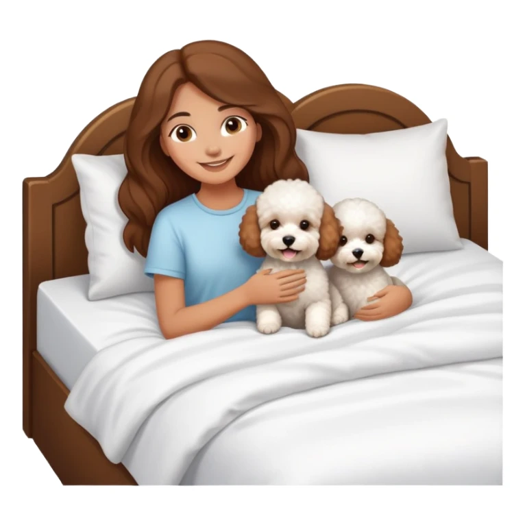 tan girl with long brown hair with three bichon frises in bed sticker