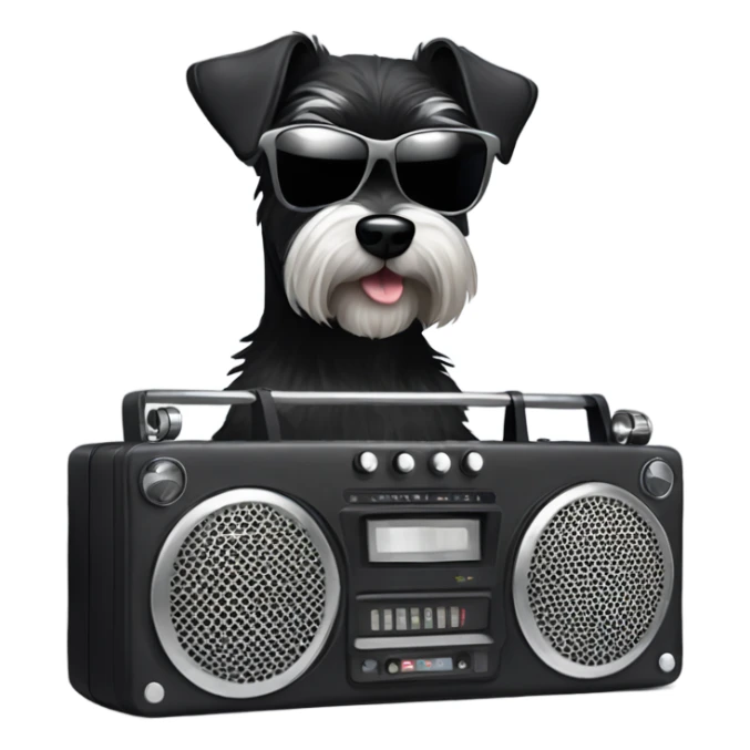 Black mini schnauzer in sunglasses holding a boombox sticker
