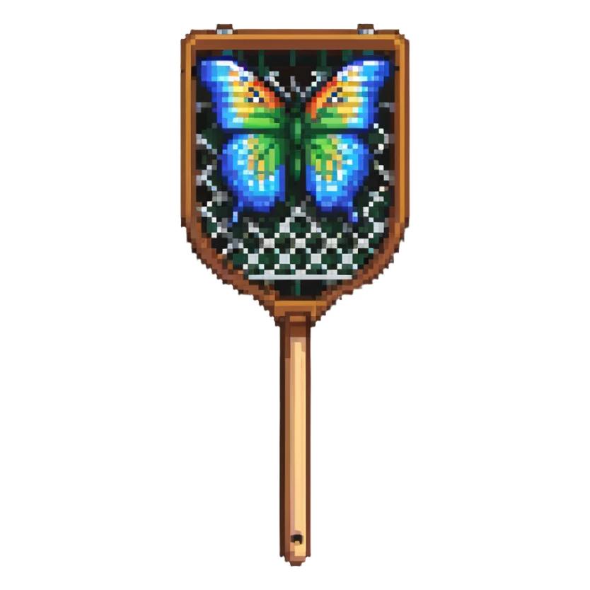 A colorful butterfly net with a wooden handle, badge style sticker