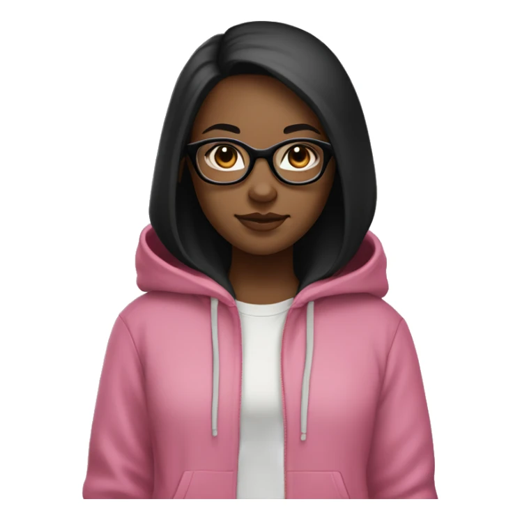 A young girl with long, straight black hair parted in the middle, wearing square pink glasses, pale skin, and a black hoodie. She has a round face, a casual, relaxed expression sticker