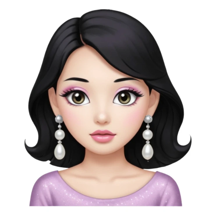 asian long voluminous black hair silver grey eyes glossy lips glittery white and light pink eyeshadow girl pearl earrings sticker