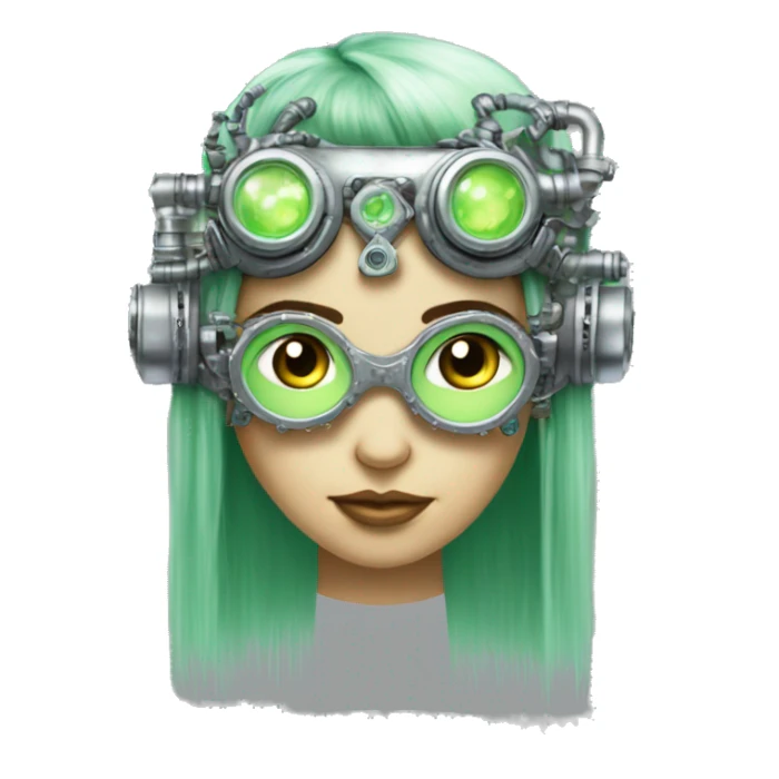 Light green long hair female cyborg head with silver steampunk goggles as a headband, circuits sticker