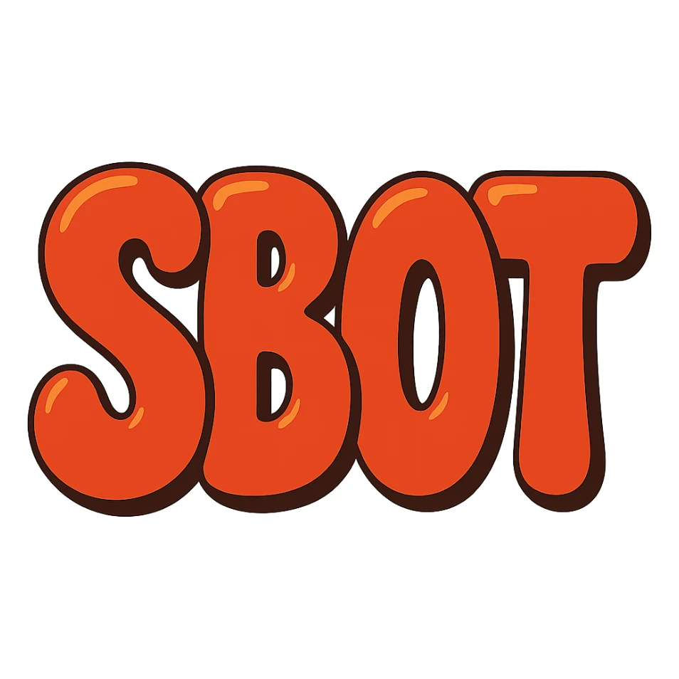 Change the text to 'SBOT' in the same extra puffy, shiny orange and red bubble letter style, whimsical and lighthearted. Maintain the bubble letter style with shiny orange and red colors, extra puffiness, and a whimsical, lighthearted feel. sticker