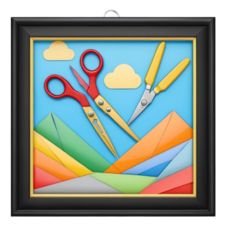 Représente moi une création de maquette avec des ciseaux du papier du scotch du fil etc sticker