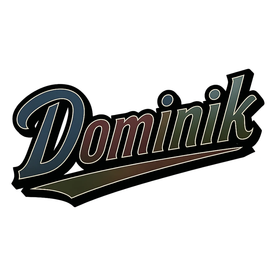 Dominik name in masculine, modern gradient font with dark contour and thin white edging, dynamic slanted underline, masculine color shades (blue, gray, burgundy, green, brown), 1000x1000 px, PNG, transparent background, in the style of the uploaded Attila sample. sticker