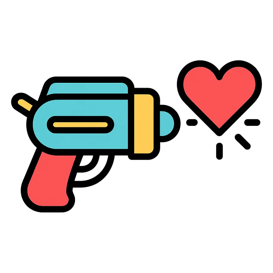 color outline icon of a love gun with heart-shaped elements sticker