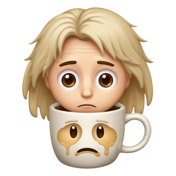classic emoji style face with messy hair, droopy eyes, and a coffee cup, looking hungover sticker