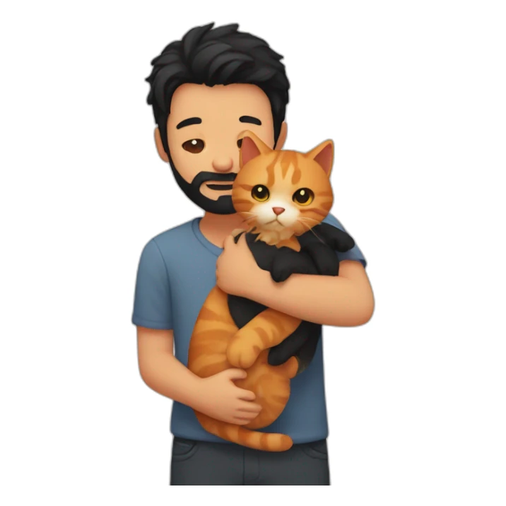Boy with black hair and beard huging ginger cat sticker