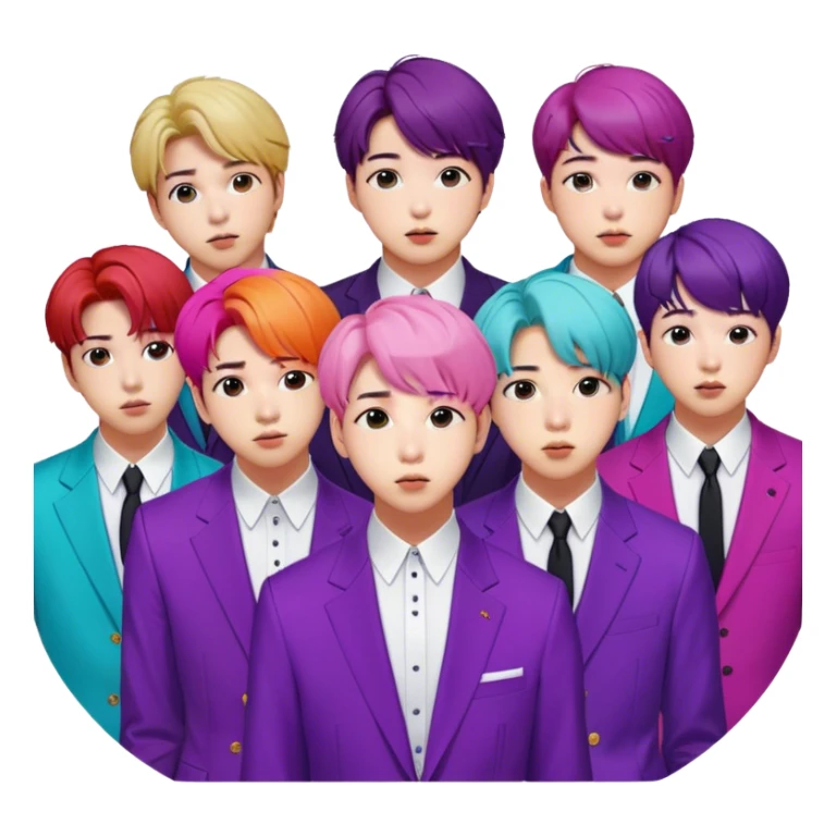 Cinematic Realistic group portrait of BTS featuring all 7 members in stylish modern attire, with detailed facial expressions and vibrant colors, captured in dynamic, contemporary lighting that emphasizes their global pop icon status sticker