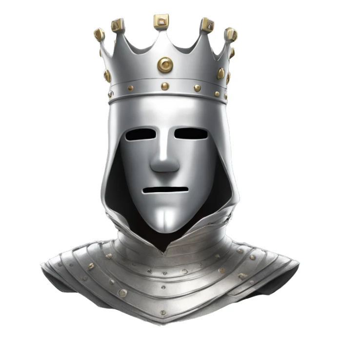 king baldwin IV in silver full face mask up with Left hand raised with white glove sticker