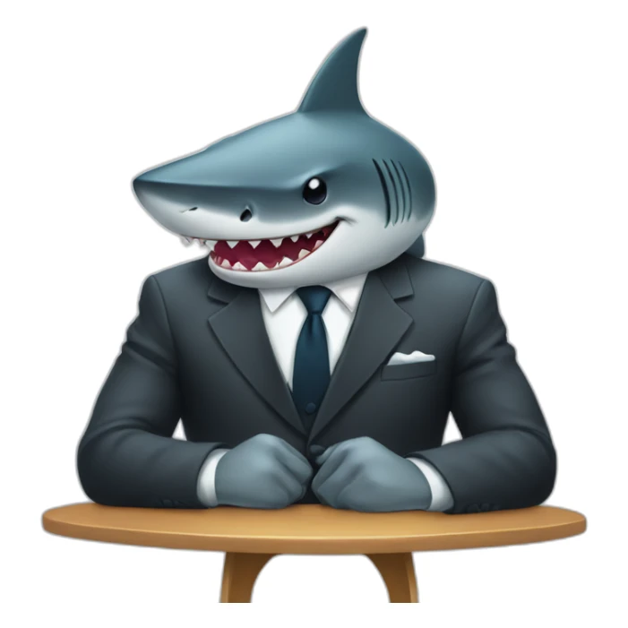A shark sitting on a table wearing a suit looking straight sticker